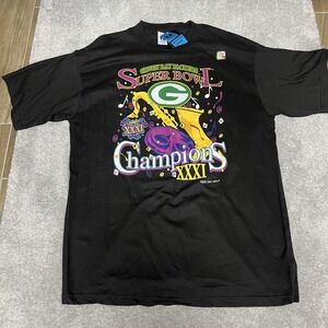 Vintage Green Bay Packers Shirt Mens XL Black NFL Logo 7 Super Bowl XXXI 90s